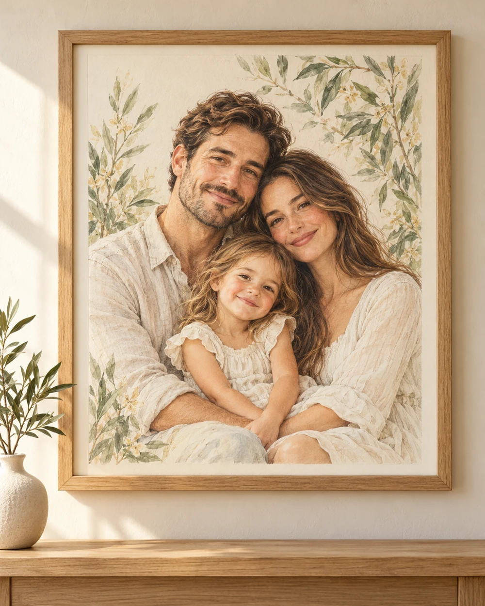 Illustrative watercolor-style portrait of a fictional family, displayed in a wooden frame in a sunlit home